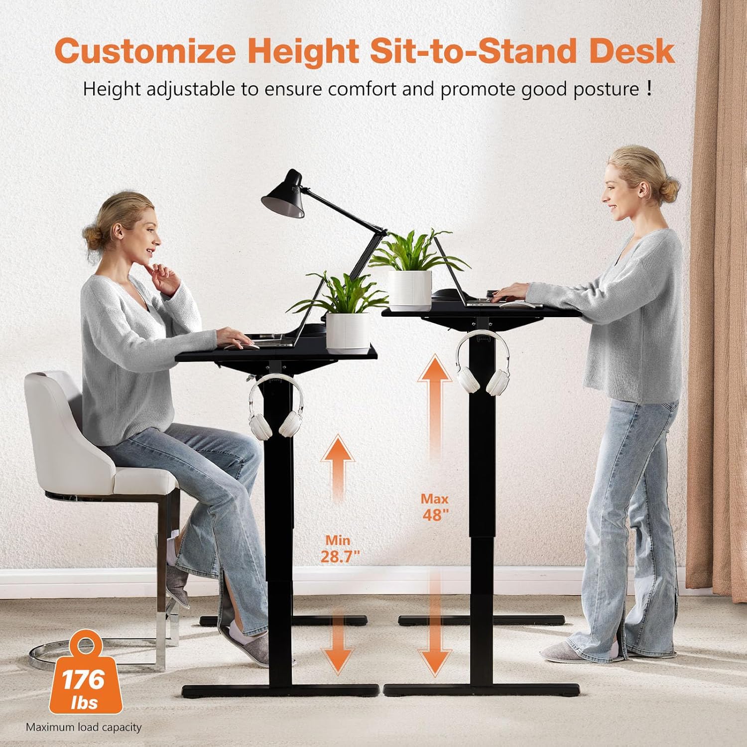 Sweetcrispy Electric Adjustable Height Standing Desk - 55 x 24 inch Sit to Stand Up Desk with Splice Board, Rising Home Office Computer Table with 2 Hook and Wire Hole for Work-3