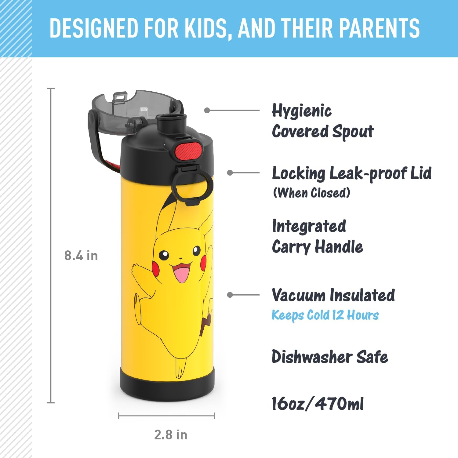 THERMOS FUNTAINER 16 Ounce Stainless Steel Vacuum Insulated Bottle with Wide Spout Lid, Pokemon-1