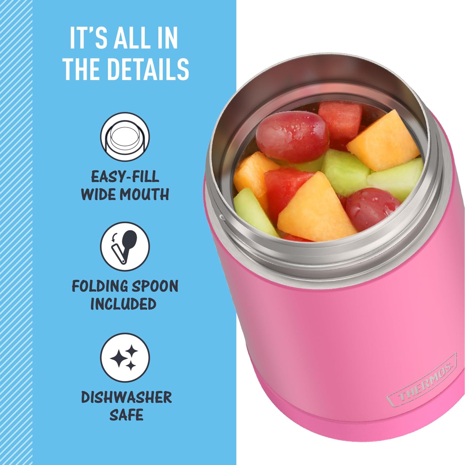 THERMOS FUNTAINER 16 Ounce Stainless Steel Vacuum Insulated Food Jar with Folding Spoon, Neon Pink-3