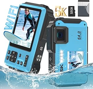 Underwater Camera, 5K 64MP 16FT Waterproof Digital Camera, WiFi 16X Digital Zoom Dual-Screen Selfie Underwater Camera for Snorkeling Travel Water Camera with Fill Light, Lanyard & 32GB TF Card (Blue)