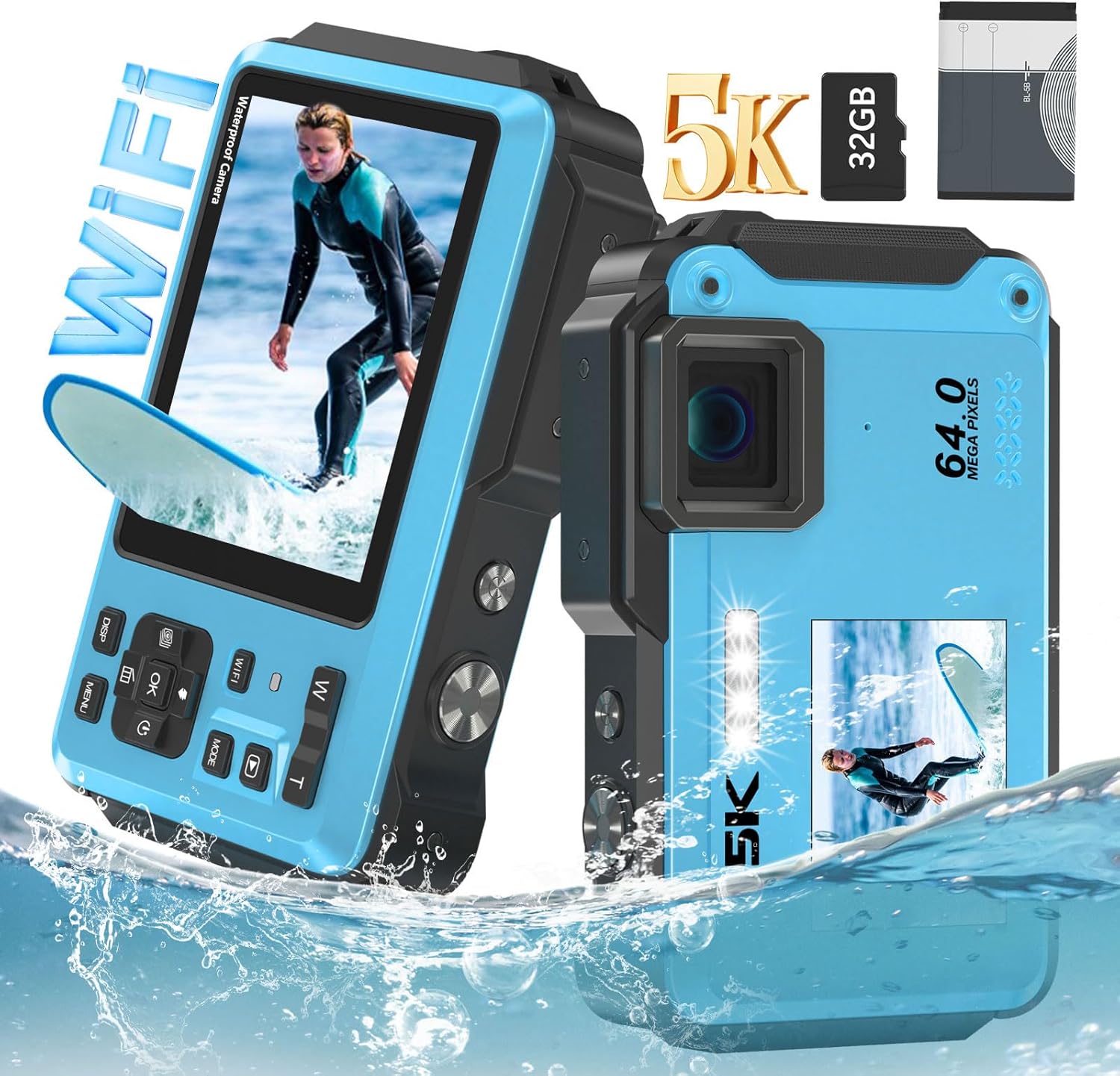 Underwater Camera, 5K 64MP 16FT Waterproof Digital Camera, WiFi 16X Digital Zoom Dual-Screen Selfie Underwater Camera for Snorkeling Travel Water Camera with Fill Light, Lanyard & 32GB TF Card (Blue)-0