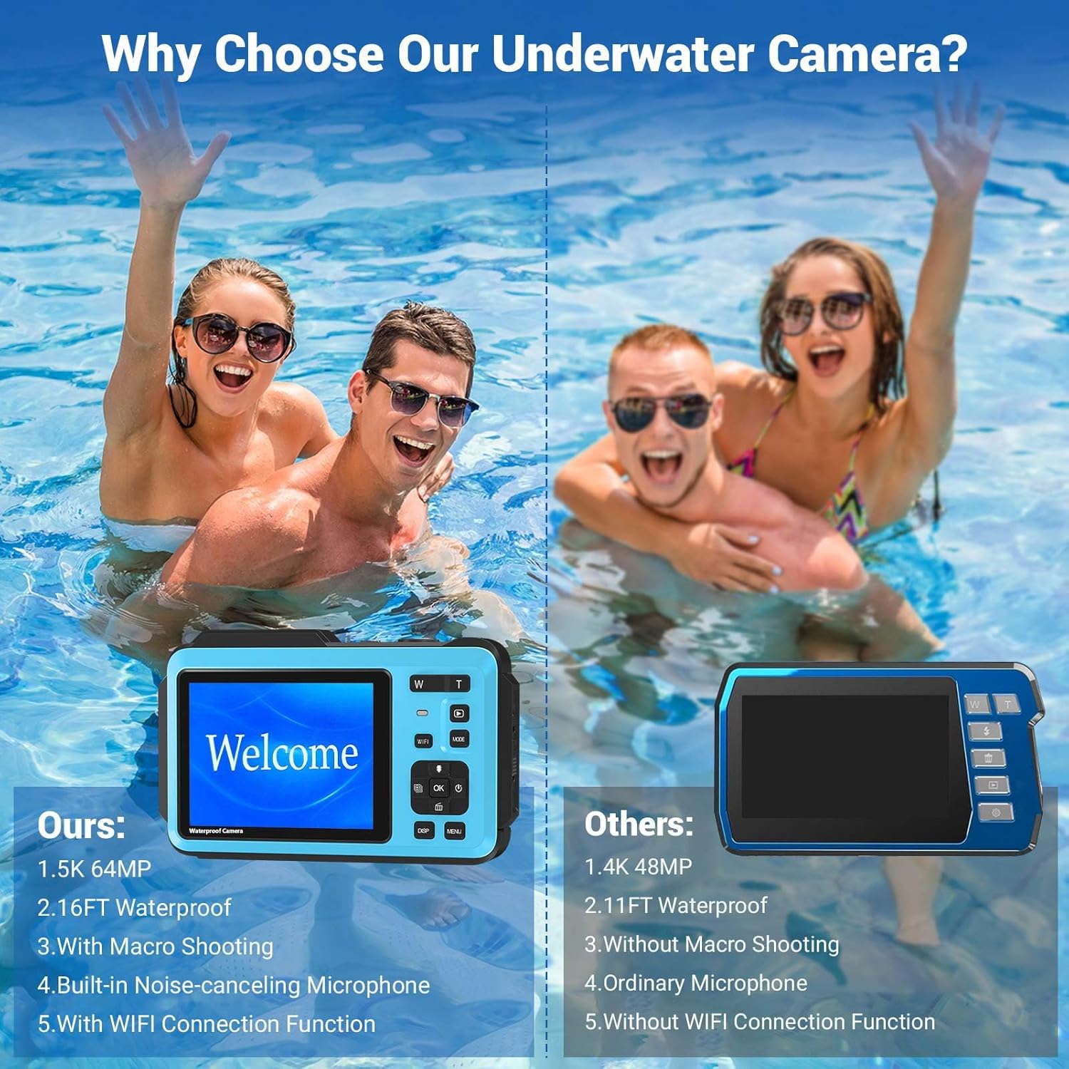 Underwater Camera, 5K 64MP 16FT Waterproof Digital Camera, WiFi 16X Digital Zoom Dual-Screen Selfie Underwater Camera for Snorkeling Travel Water Camera with Fill Light, Lanyard & 32GB TF Card (Blue)-2