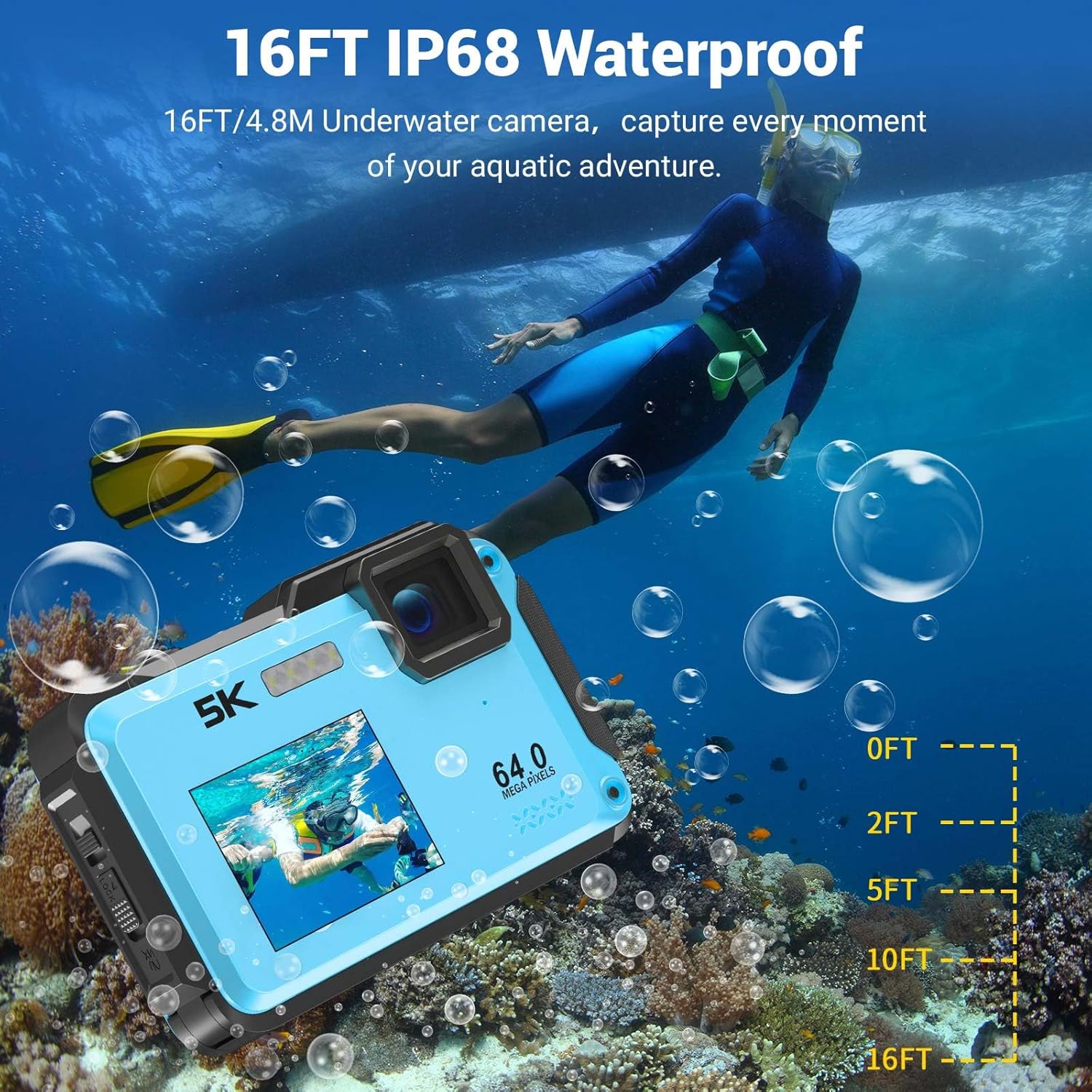 Underwater Camera, 5K 64MP 16FT Waterproof Digital Camera, WiFi 16X Digital Zoom Dual-Screen Selfie Underwater Camera for Snorkeling Travel Water Camera with Fill Light, Lanyard & 32GB TF Card (Blue)-3