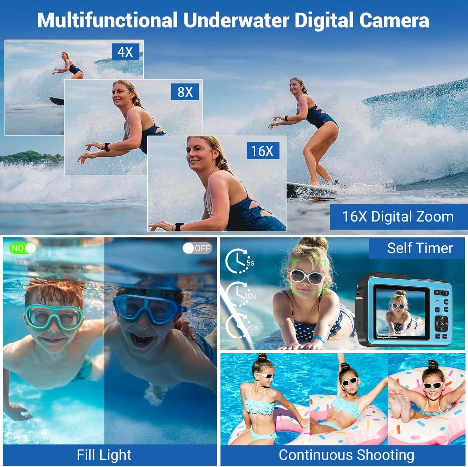 Underwater Camera, 5K 64MP 16FT Waterproof Digital Camera, WiFi 16X Digital Zoom Dual-Screen Selfie Underwater Camera for Snorkeling Travel Water Camera with Fill Light, Lanyard & 32GB TF Card (Blue)-5