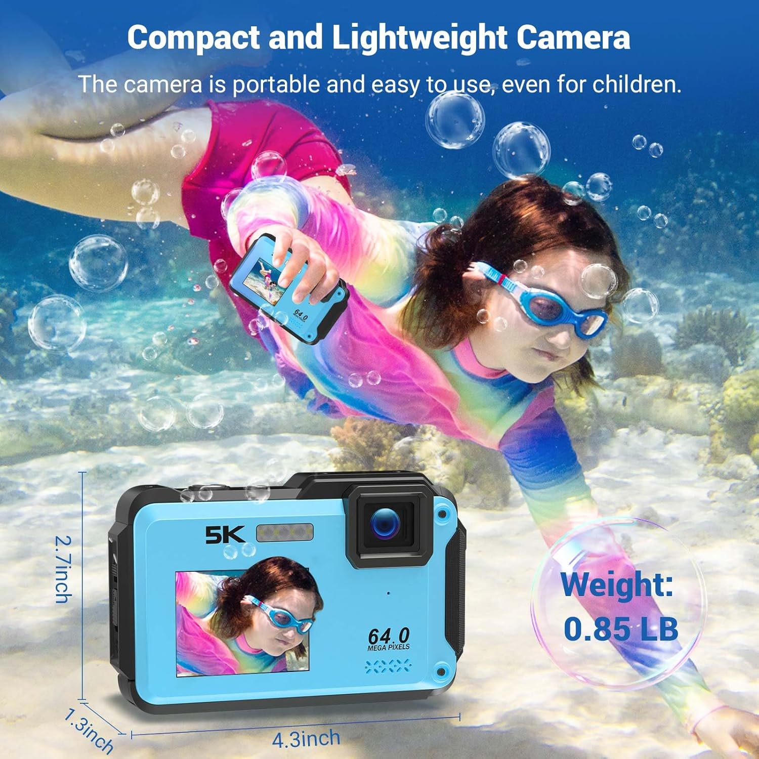 Underwater Camera, 5K 64MP 16FT Waterproof Digital Camera, WiFi 16X Digital Zoom Dual-Screen Selfie Underwater Camera for Snorkeling Travel Water Camera with Fill Light, Lanyard & 32GB TF Card (Blue)-7