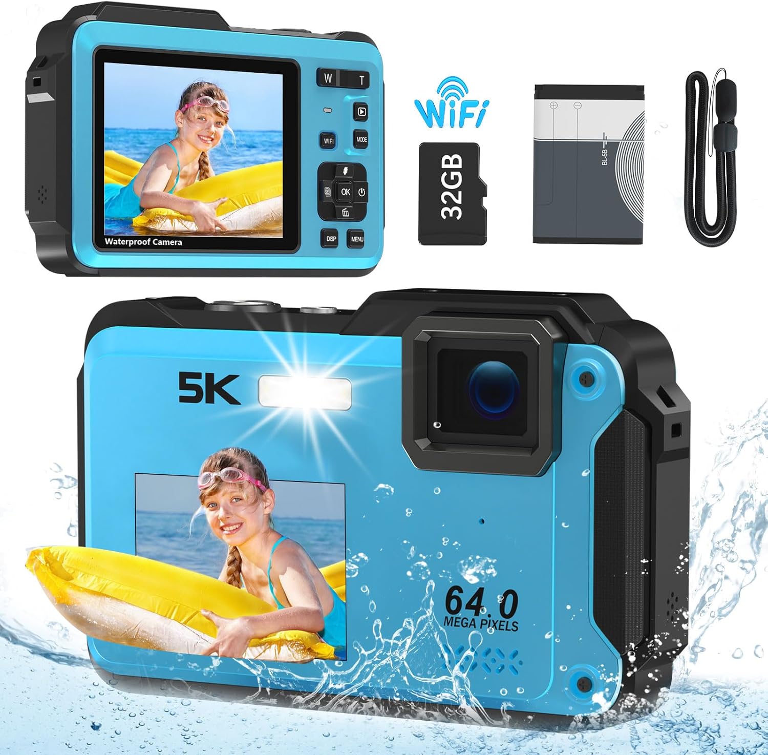 Underwater Camera, 5K 64MP 16FT Waterproof Digital Camera, WiFi 16X Digital Zoom Dual-Screen Selfie Underwater Camera for Snorkeling Travel Water Camera with Fill Light, Lanyard & 32GB TF Card (Blue)-8