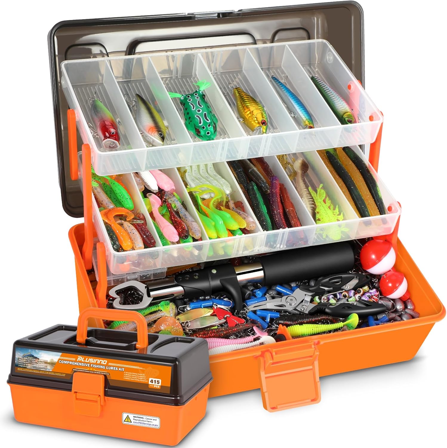 PLUSINNO Large 3 Layers Tackle Box with Tackle Included, 415Pcs Fishing Lures Kit Contains Pliers, Crankbait, Hooks, Weights & Accessories, Comprehensive Bait Lure Gear Gifts for Men Bass Freshwater-0