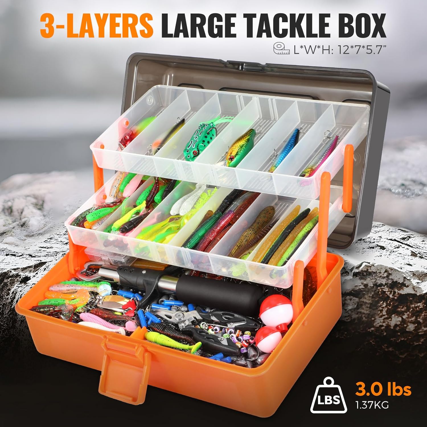 PLUSINNO Large 3 Layers Tackle Box with Tackle Included, 415Pcs Fishing Lures Kit Contains Pliers, Crankbait, Hooks, Weights & Accessories, Comprehensive Bait Lure Gear Gifts for Men Bass Freshwater-2