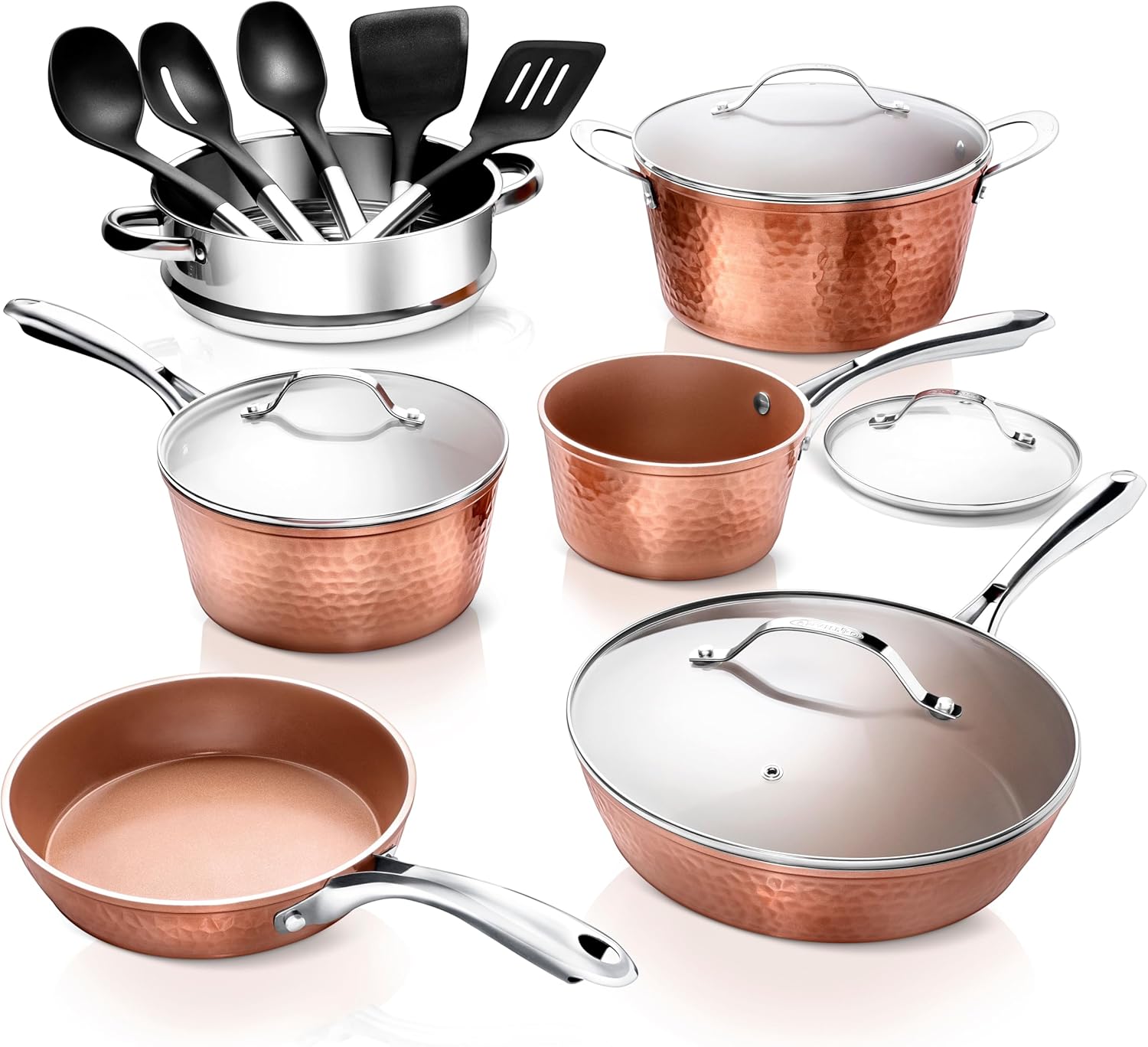 GOTHAM STEEL Hammered 15 Pc Copper Pots and Pans Set Non Stick, Kitchen Cookware Sets, Pot and Pan Set, Ceramic Cookware Set, Non Toxic Cookware Set, Non Stick Pots and Pan Set, Dishwasher Safe-0