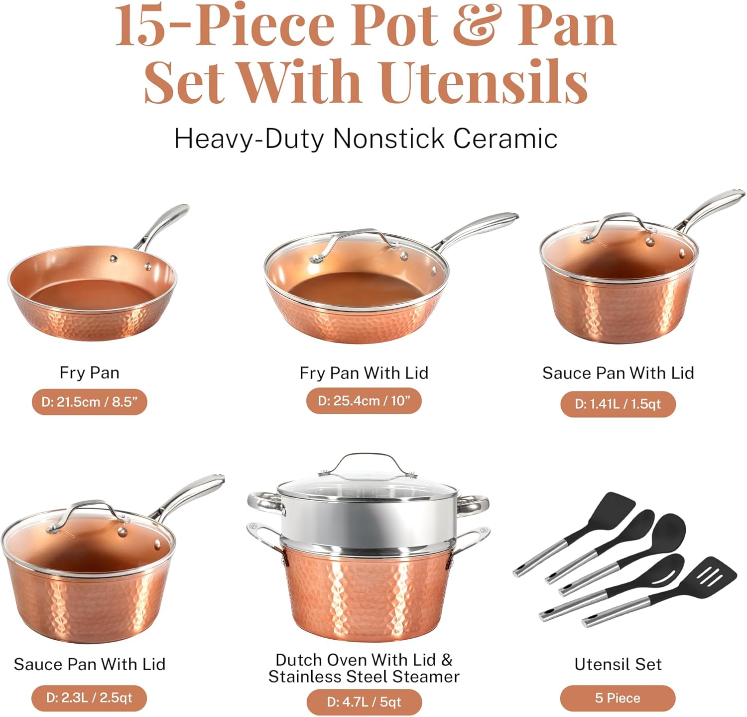 GOTHAM STEEL Hammered 15 Pc Copper Pots and Pans Set Non Stick, Kitchen Cookware Sets, Pot and Pan Set, Ceramic Cookware Set, Non Toxic Cookware Set, Non Stick Pots and Pan Set, Dishwasher Safe-1