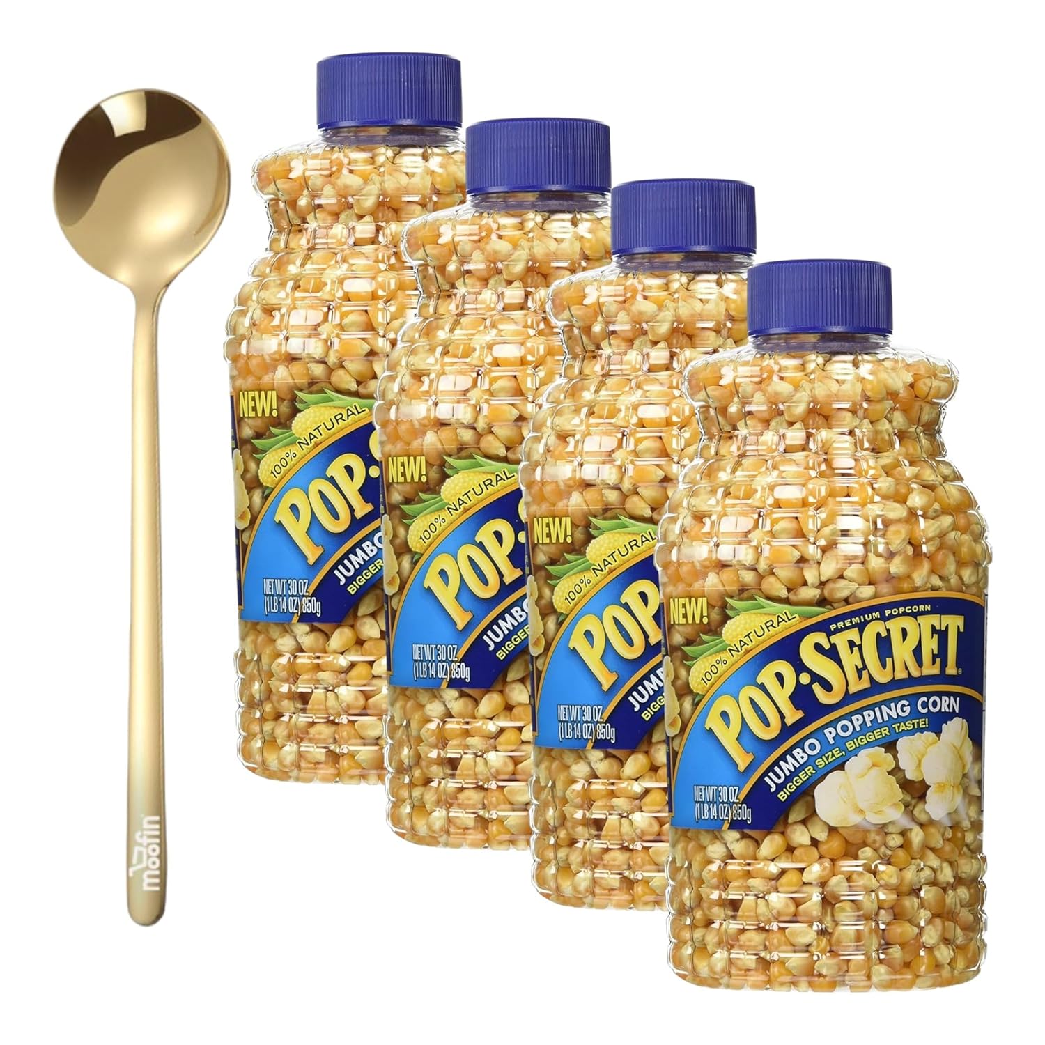 Popcorn Kernels, Premium Jumbo Popping Corn, 30 oz Natural Unpopped Popcorn, Bundle with Moofin Golden Spoon High Volume Yield, Ideal for Custom Seasoning [Pack of 4]-0