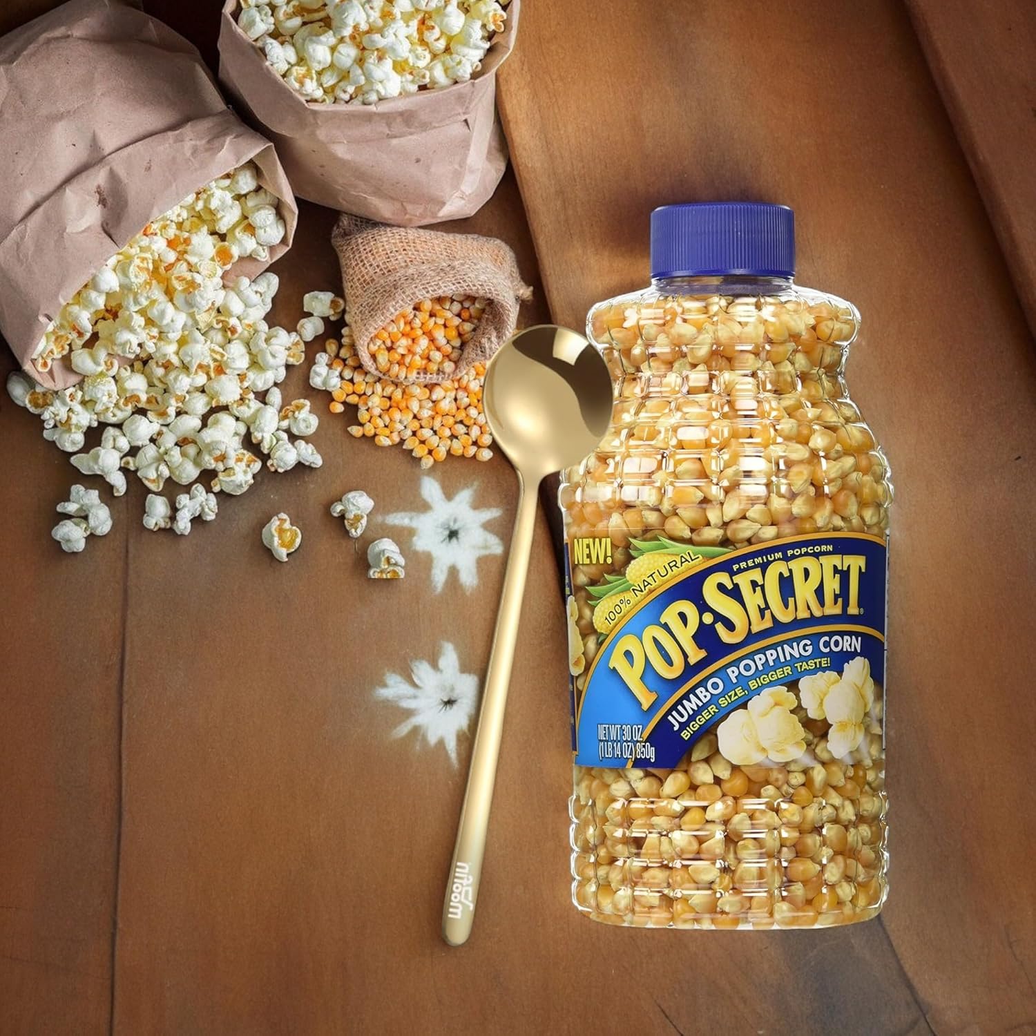 Popcorn Kernels, Premium Jumbo Popping Corn, 30 oz Natural Unpopped Popcorn, Bundle with Moofin Golden Spoon High Volume Yield, Ideal for Custom Seasoning [Pack of 4]-1