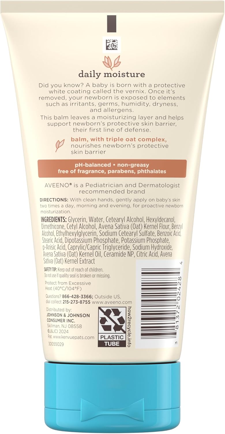 Aveeno Baby Healthy Start Nourishing Newborn Balm, Hypoallergenic Baby Skin Balm with Prebiotic Oat Leaves a Nourishing Layer to Care for Newborn Skin, Fragrance-Free, 5 oz-6