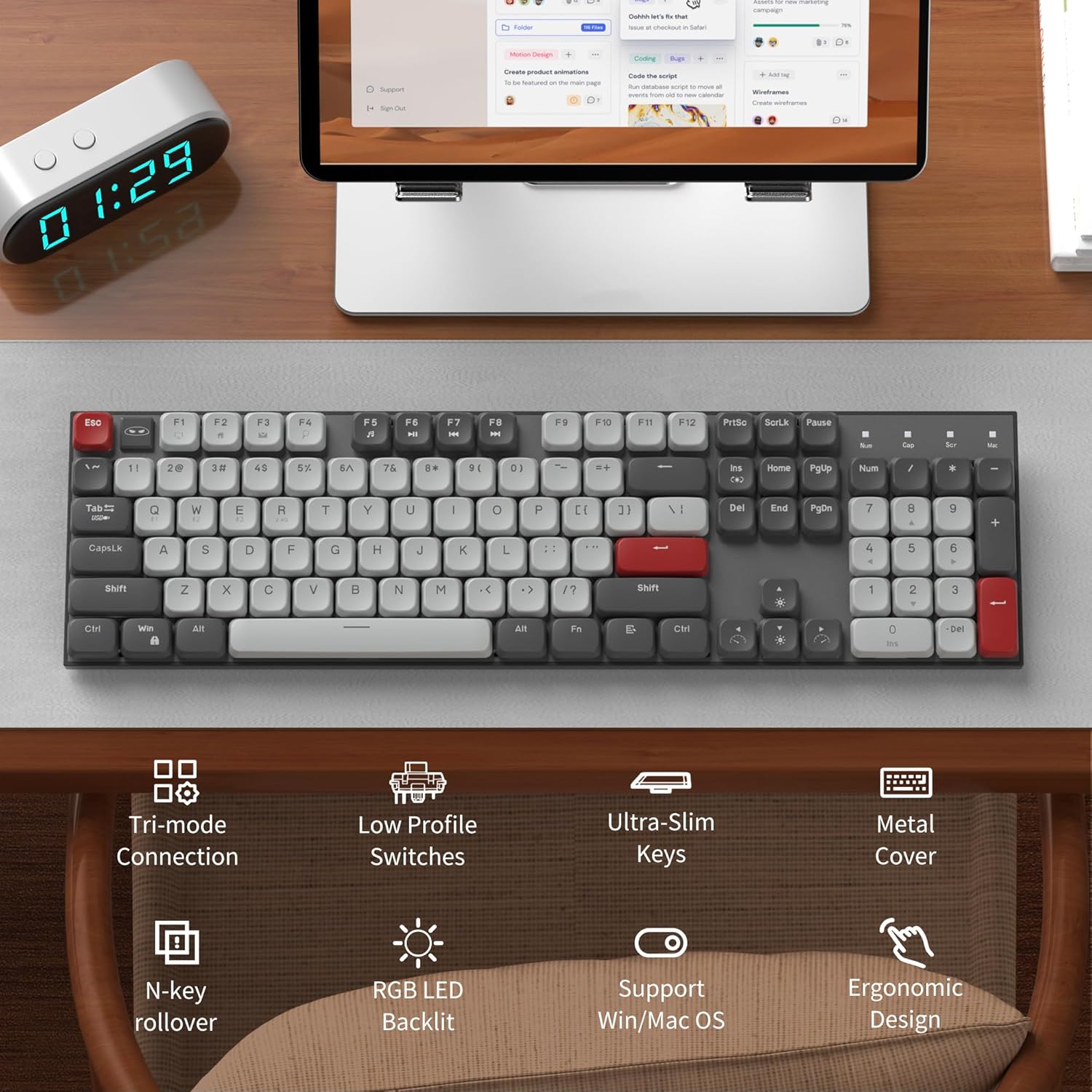 MageGee Wireless Mechanical Keyboard Moon104 RGB Backlight Triple Mode 2.4GHz/BT/USB-C Wired Office Keyboard for Computer/Desktop/PC/Laptop/Surface/Smart TV and Windows 10/8/ 7-1