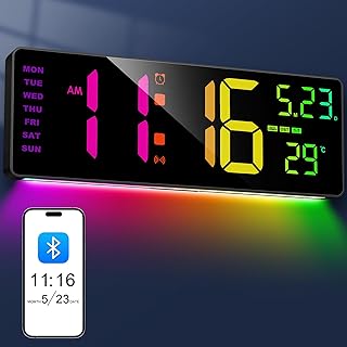 XREXS 16.3" Bluetooth Large Digital Wall Clock with Remote Control, Auto Time Sync, 6 Color Night Lights Adjustable Dimmer 10 RGB Color Changing Large Display for Home, Gym, Office and Classroom