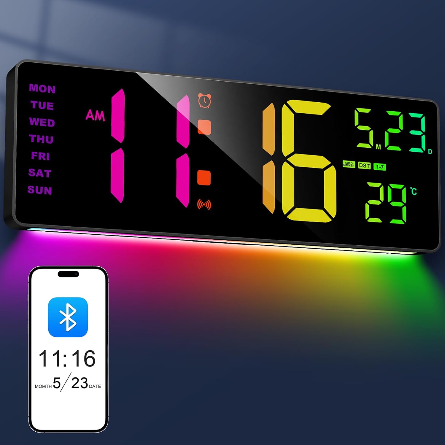 XREXS 16.3" Bluetooth Large Digital Wall Clock with Remote Control, Auto Time Sync, 6 Color Night Lights Adjustable Dimmer 10 RGB Color Changing Large Display for Home, Gym, Office and Classroom-0