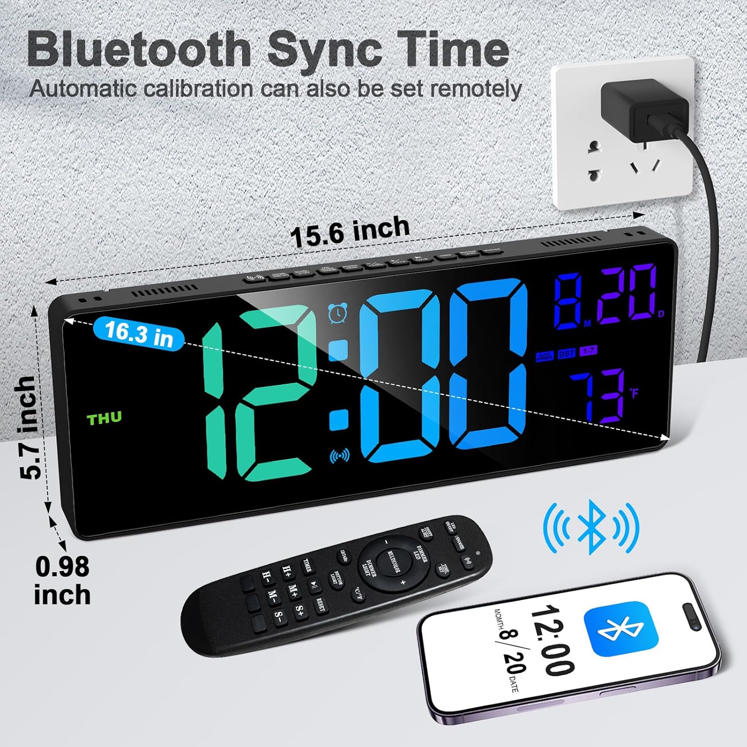 XREXS 16.3" Bluetooth Large Digital Wall Clock with Remote Control, Auto Time Sync, 6 Color Night Lights Adjustable Dimmer 10 RGB Color Changing Large Display for Home, Gym, Office and Classroom-1