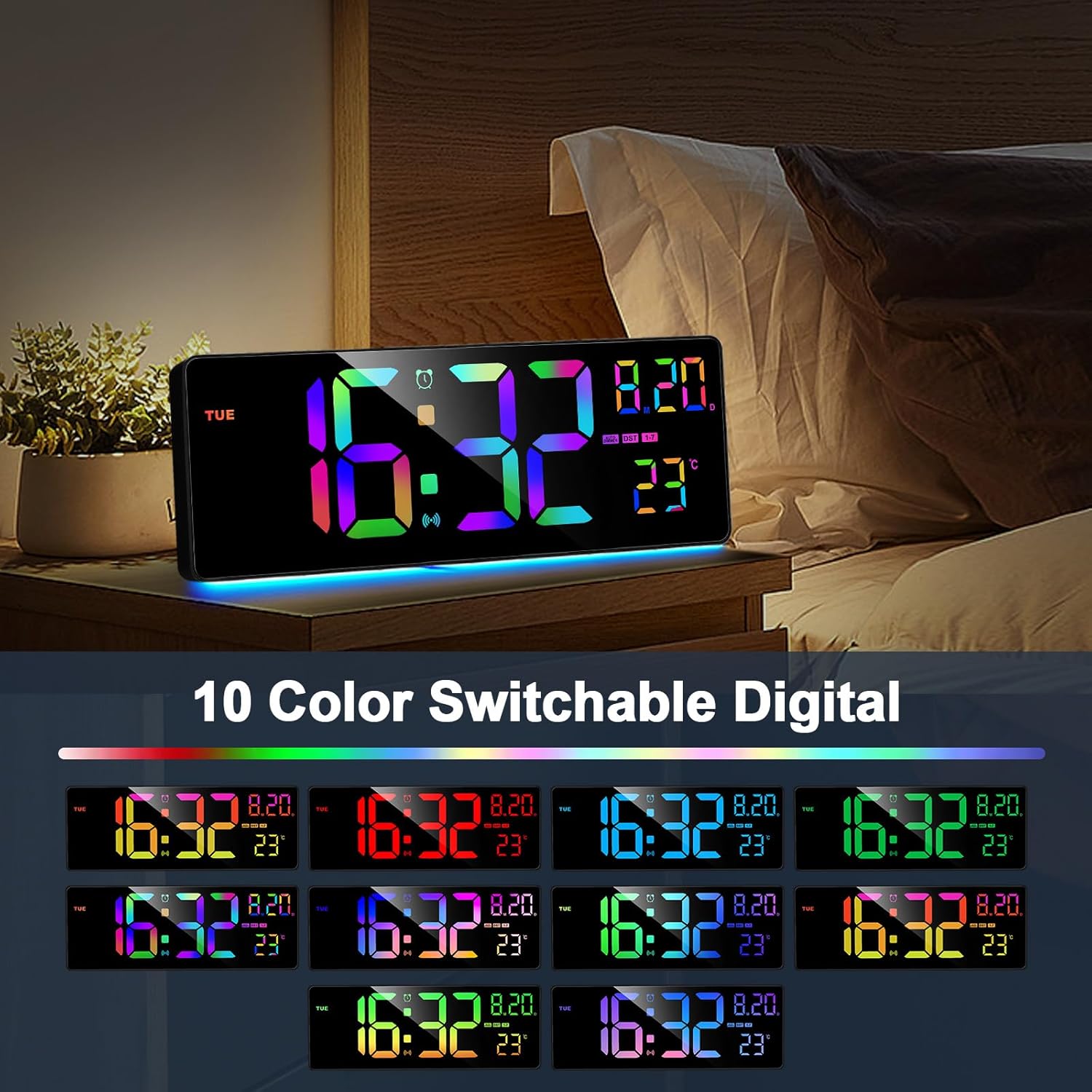 XREXS 16.3" Bluetooth Large Digital Wall Clock with Remote Control, Auto Time Sync, 6 Color Night Lights Adjustable Dimmer 10 RGB Color Changing Large Display for Home, Gym, Office and Classroom-2