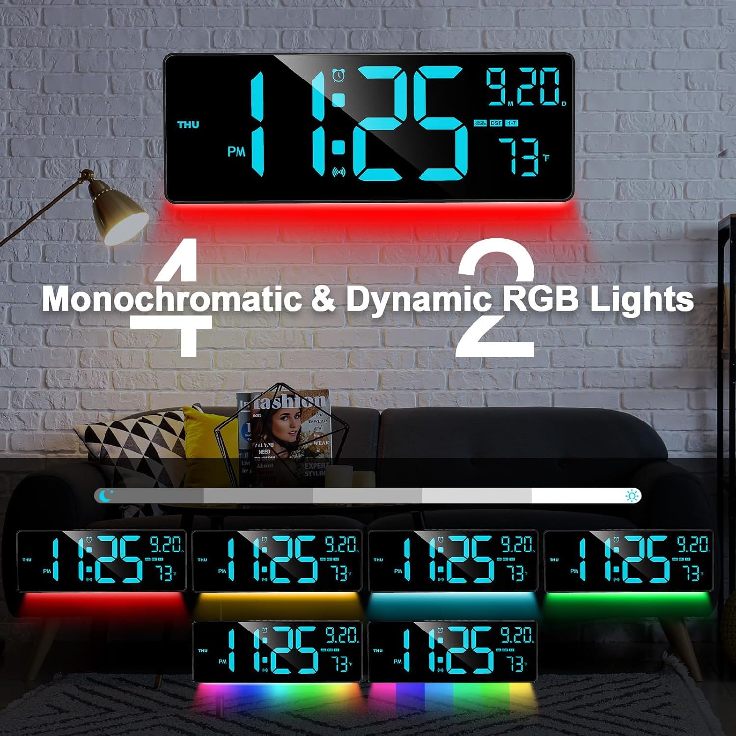 XREXS 16.3" Bluetooth Large Digital Wall Clock with Remote Control, Auto Time Sync, 6 Color Night Lights Adjustable Dimmer 10 RGB Color Changing Large Display for Home, Gym, Office and Classroom-3