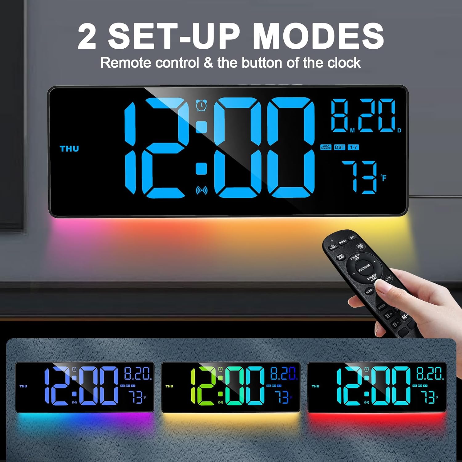 XREXS 16.3" Bluetooth Large Digital Wall Clock with Remote Control, Auto Time Sync, 6 Color Night Lights Adjustable Dimmer 10 RGB Color Changing Large Display for Home, Gym, Office and Classroom-4