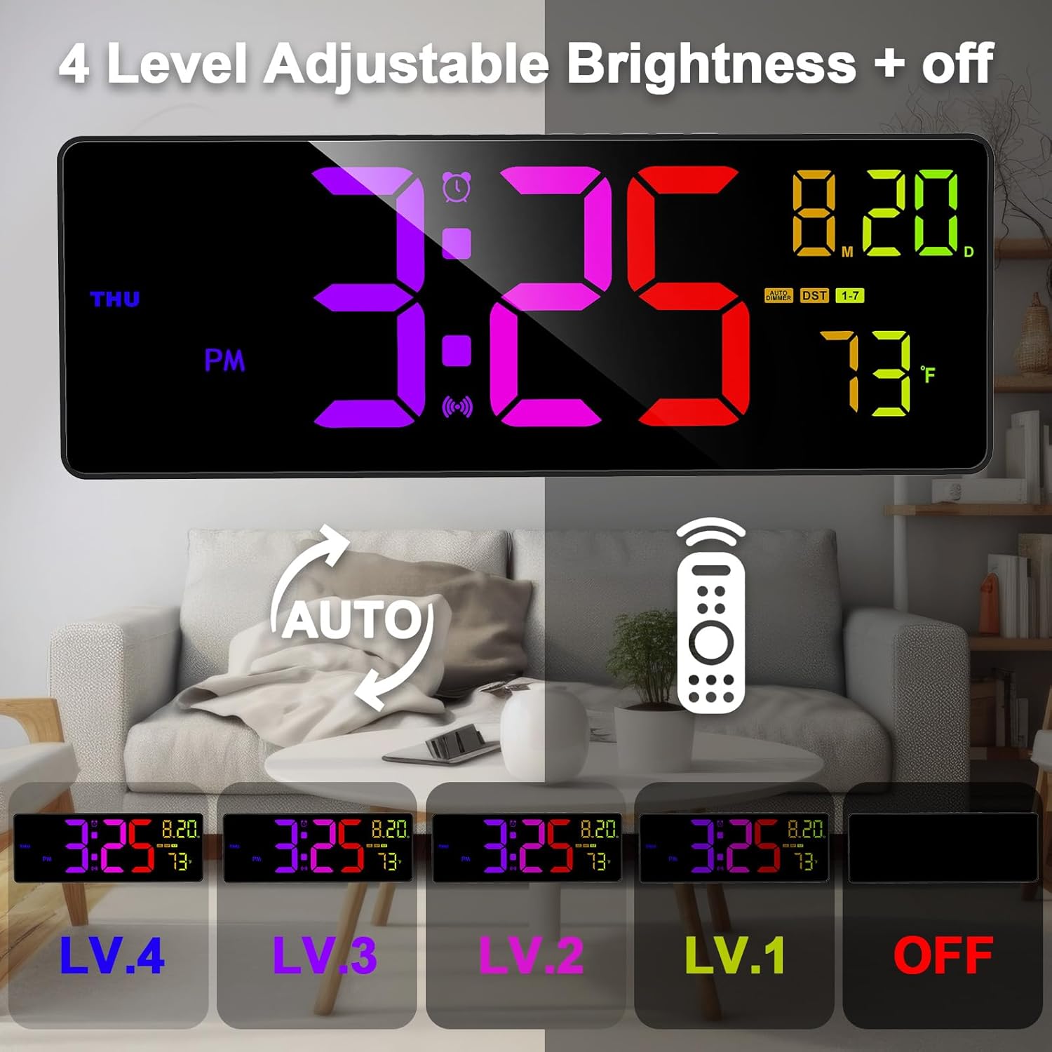 XREXS 16.3" Bluetooth Large Digital Wall Clock with Remote Control, Auto Time Sync, 6 Color Night Lights Adjustable Dimmer 10 RGB Color Changing Large Display for Home, Gym, Office and Classroom-5