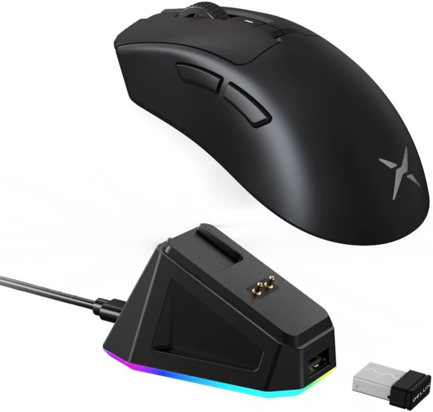 DeLUX M900PRO Wireless Gaming Mouse, 8000Hz Polling Rate, RGB Charging Dock, 63g Ergonomic Design, PAW3395 Sensor with 26000DPI, Programmable Buttons (Black)-0