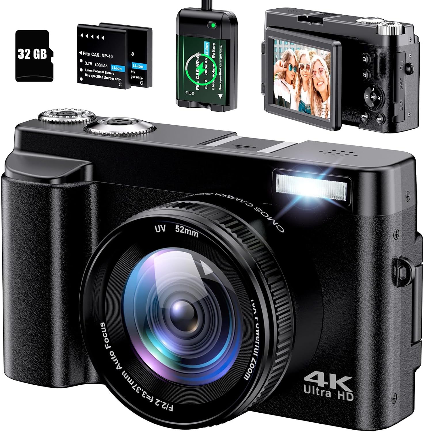 4K Digital Camera for Photography Autofocus 48MP 4K Camera with SD Card, 180° 3.0 inch Flip Screen Vlogging Camera for YouTube Video Compact Cameras with 16X Digital Zoom, Anti-Shake, 2 Batteries-0