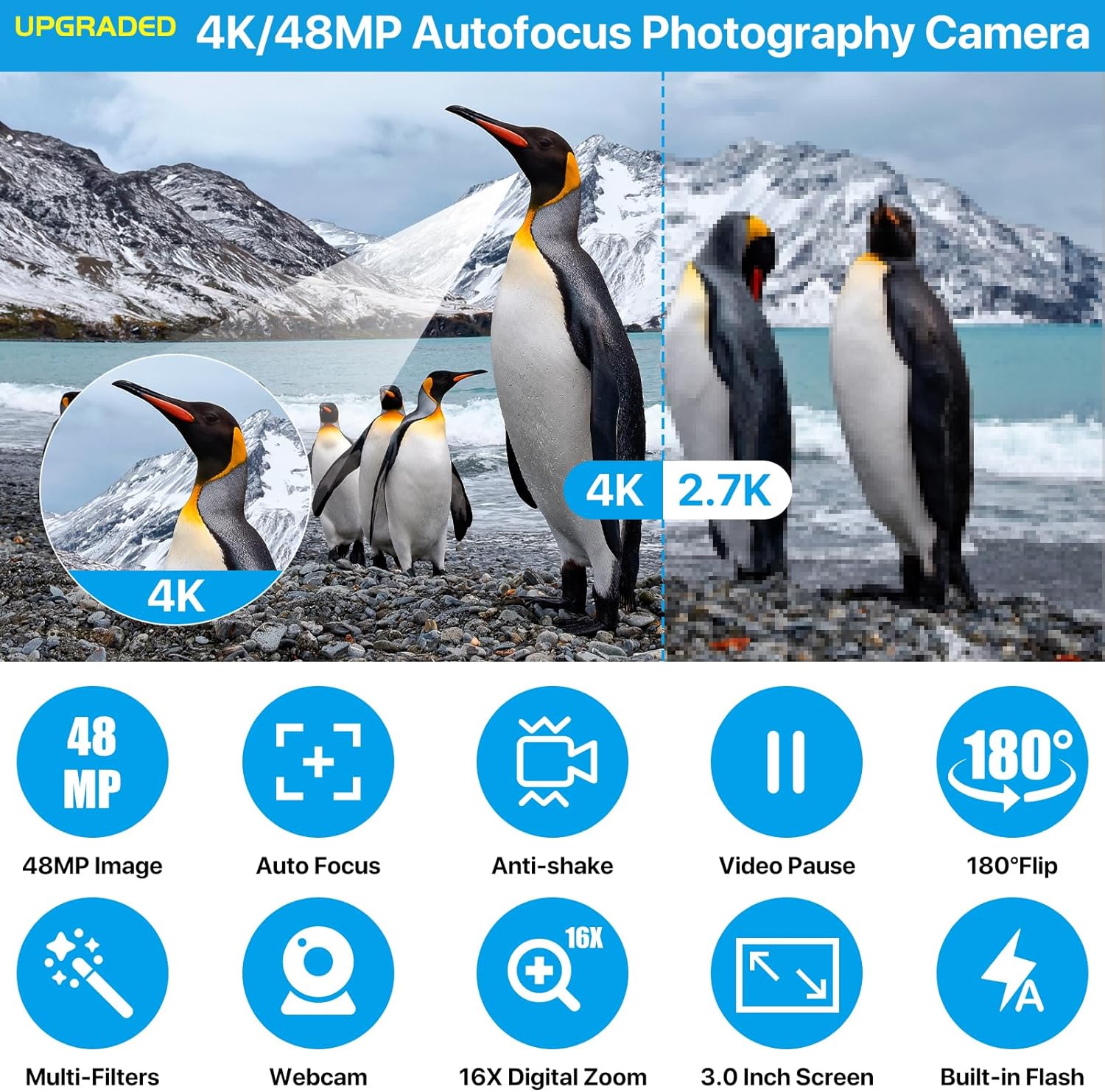 4K Digital Camera for Photography Autofocus 48MP 4K Camera with SD Card, 180° 3.0 inch Flip Screen Vlogging Camera for YouTube Video Compact Cameras with 16X Digital Zoom, Anti-Shake, 2 Batteries-1