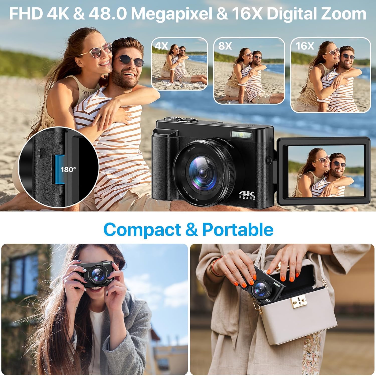 4K Digital Camera for Photography Autofocus 48MP 4K Camera with SD Card, 180° 3.0 inch Flip Screen Vlogging Camera for YouTube Video Compact Cameras with 16X Digital Zoom, Anti-Shake, 2 Batteries-3