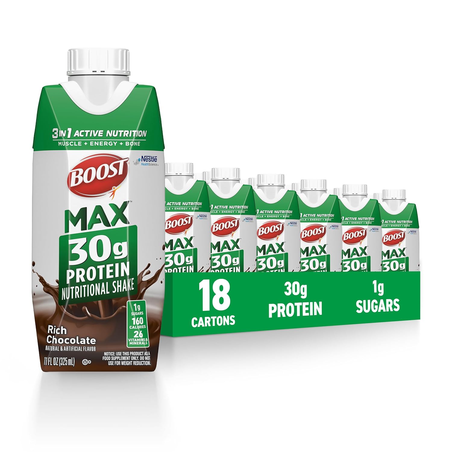 BOOST MAX Protein Shakes Ready to Drink - 30g High Protein Shake - Chocolate | Nutritional Drinks to Support Muscle Recovery After Exercise, 26 Vitamins & Minerals, 1g Sugar, 11 fl oz (Pack of 18)-0