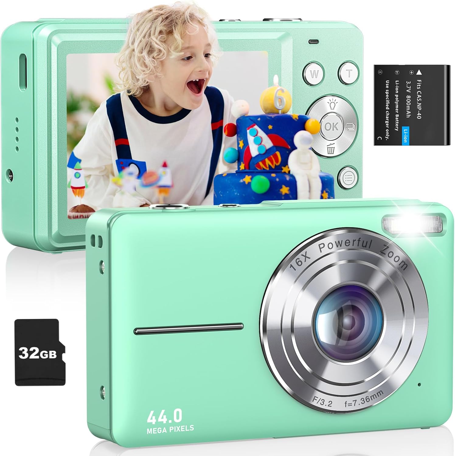 Digital Camera FHD 1080P Kids Camera with 32GB Card, 16X Zoom Anti Shake Compact Point and Shoot Digital Camera Small Camera for Kids Girls Boys Students, Mint Green-0