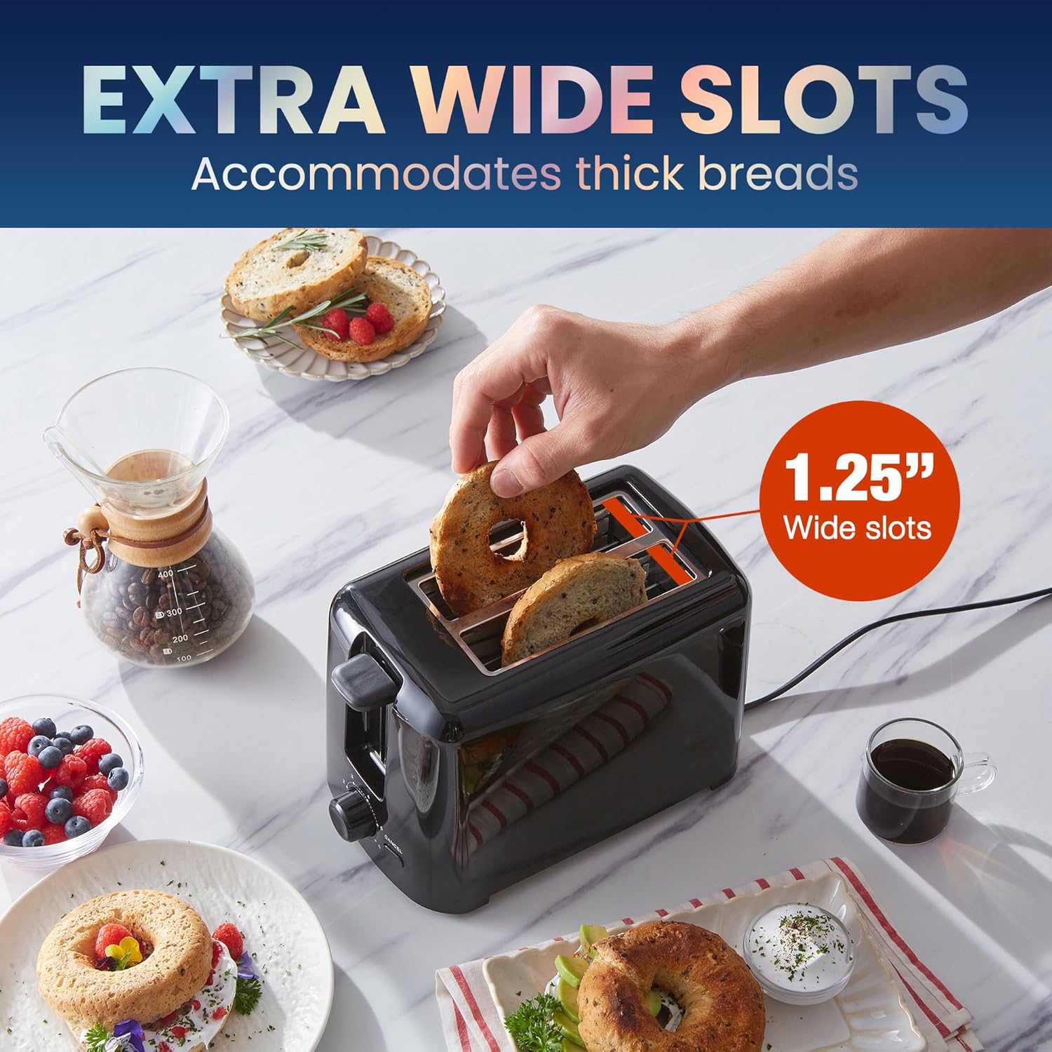 Elite Gourmet ECT1027B Cool Touch Toaster with 6 Temperature Settings & Extra Wide 1.25" Slots for Bagels, Waffles, Specialty Breads, Puff Pastry, Snacks, ETL Certified, 2 Slices, Black-2