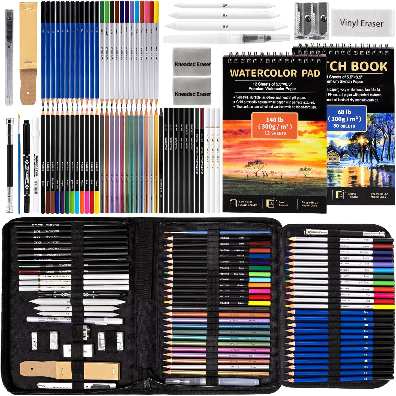 Art Supplies Drawing Pencils Set - 76 Pack Pro Sketching Kit with Sketchbook & Watercolor Pad, Includes Graphite, Charcoal, Watercolor & Metallic Pencils for Kids, Teens, Adults-0