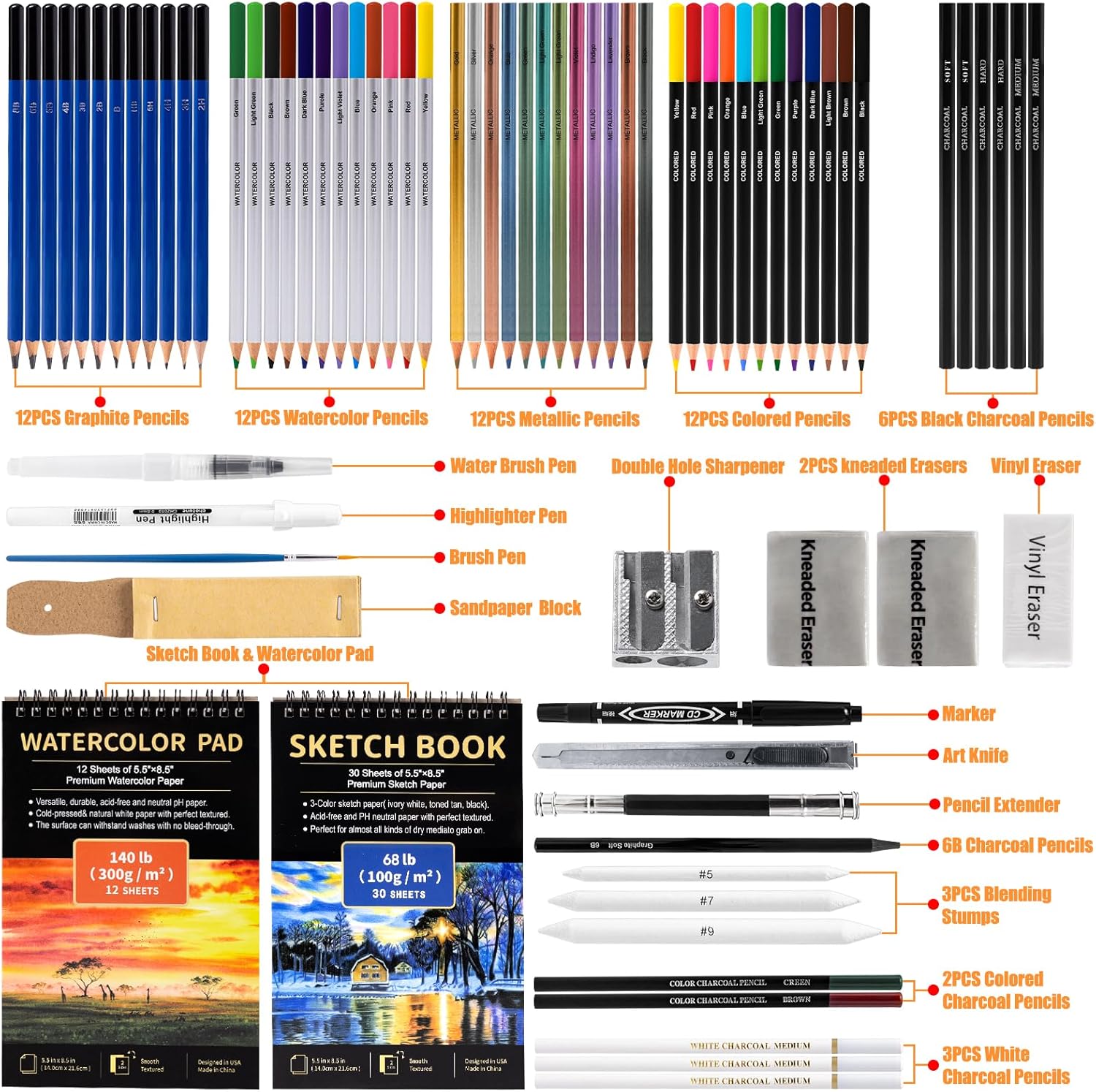 Art Supplies Drawing Pencils Set - 76 Pack Pro Sketching Kit with Sketchbook & Watercolor Pad, Includes Graphite, Charcoal, Watercolor & Metallic Pencils for Kids, Teens, Adults-1