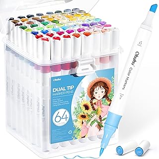 Ohuhu Markers for Adult Coloring Books: 64 Colors Art Markers Dual Brush Chisel Tips Drawing Pens Water-Based Coloring Markers for Kids Adults Calligraphy Sketching Bullet Journal with Storage Case