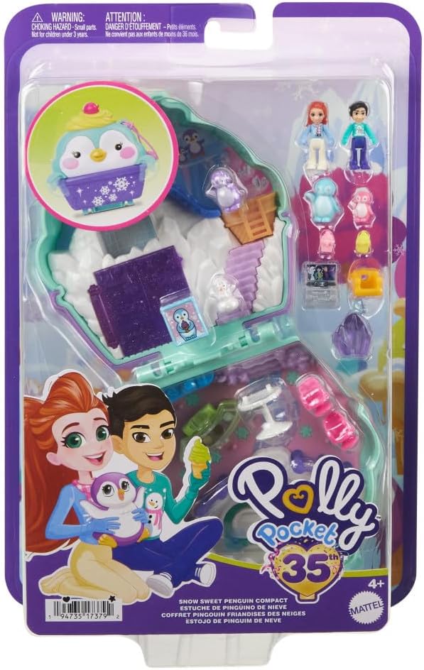 Polly Pocket Dolls & Playset, Snow Sweet Penguin Compact with 13 Accessories, Travel Toy with Fidget Exterior-5