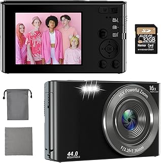 Digital Camera, Kids Camera with 32GB Card 2 Rechargeable Batteries, FHD 1080P 44MP Point and Shoot Cameras, 16X Zoom, Compact Small Vlogging Gift Camera for Kids Children Teens Girl Boy