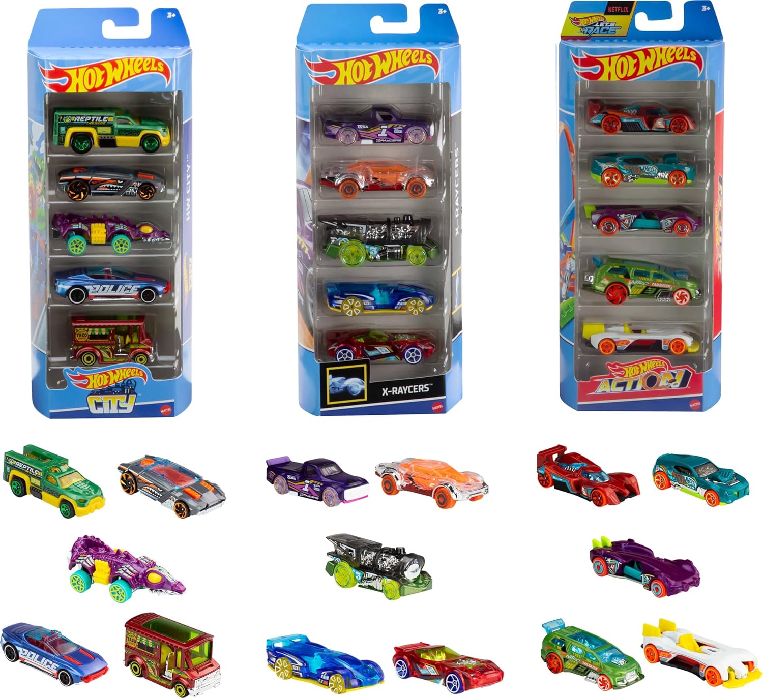 Hot Wheels Toy Cars, Bundle of 15 1:64 Scale Vehicles, Includes 3 5-Packs with Different Themes: HW City, X-Raycers & Track Pack [Amazon Exclusive]-0