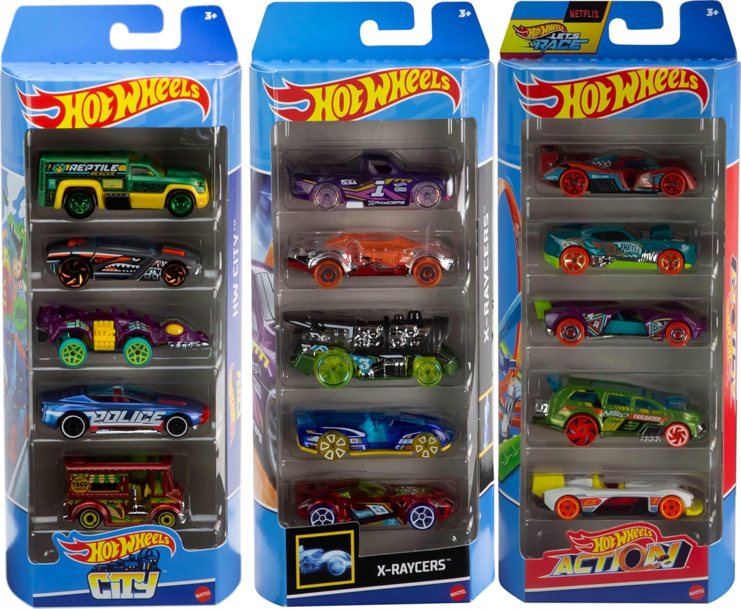 Hot Wheels Toy Cars, Bundle of 15 1:64 Scale Vehicles, Includes 3 5-Packs with Different Themes: HW City, X-Raycers & Track Pack [Amazon Exclusive]-1