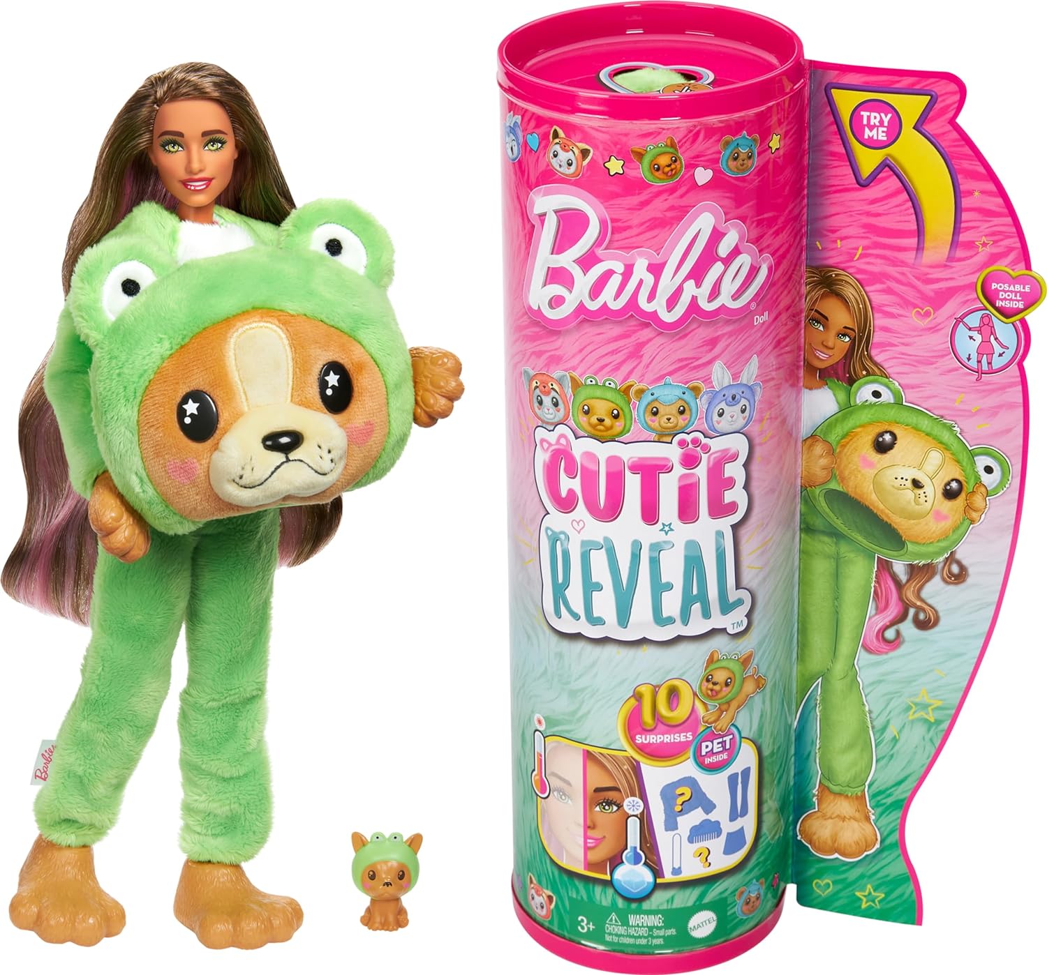 Barbie Cutie Reveal Doll & Accessories with Animal Costume & 10 Surprises Including Color Change, Puppy as Frog in Costume-Themed Series-0