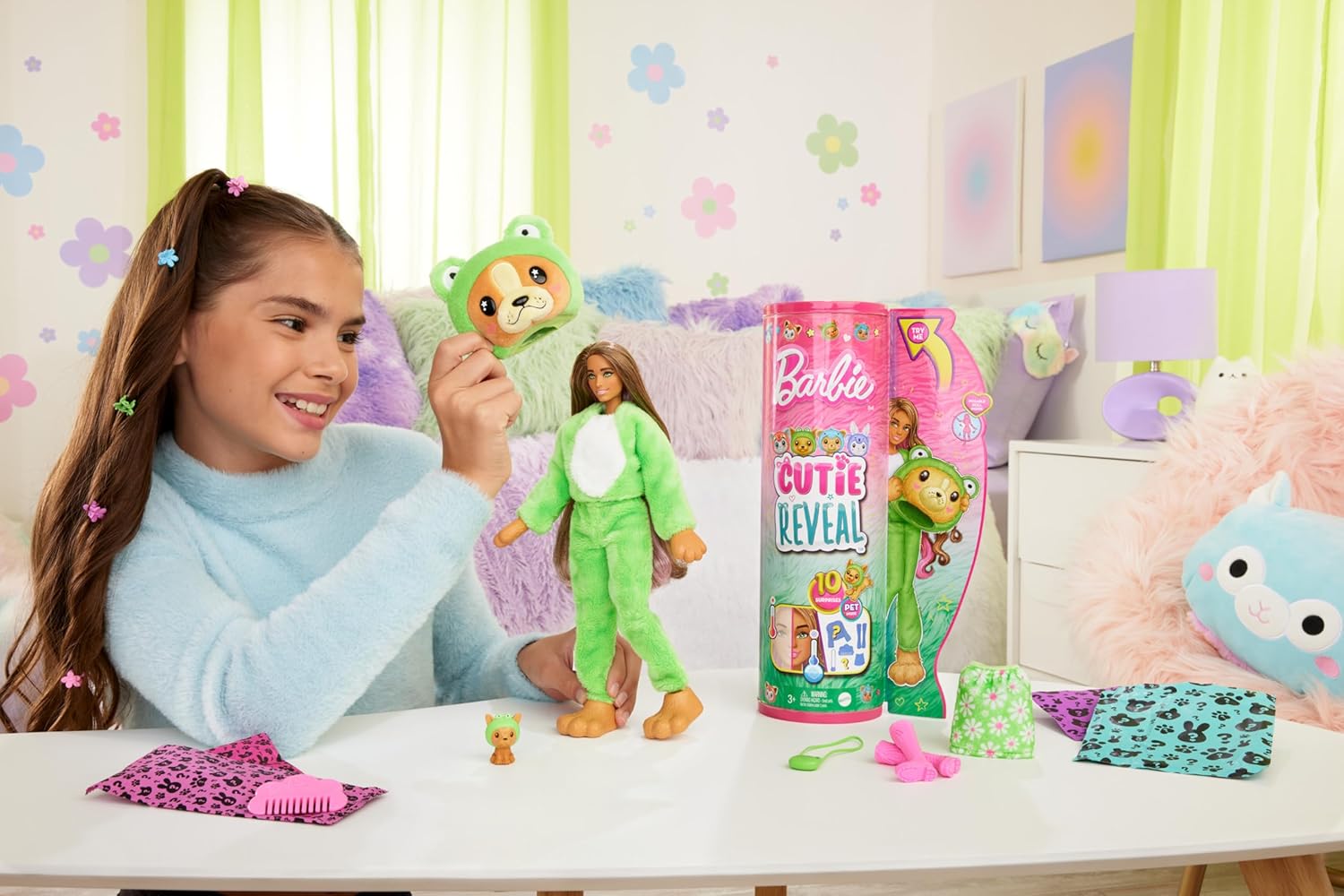 Barbie Cutie Reveal Doll & Accessories with Animal Costume & 10 Surprises Including Color Change, Puppy as Frog in Costume-Themed Series-1