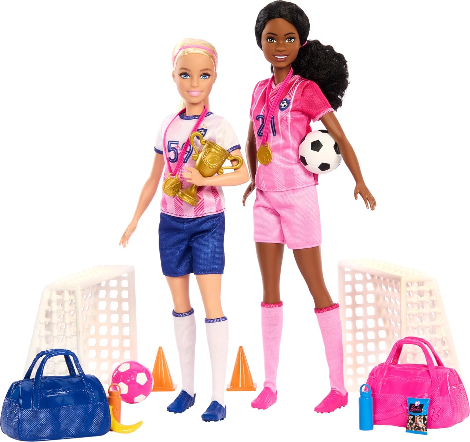 Barbie Careers Playset, Soccer Player Set with 2 Fashion Dolls & 15 Accessories Including Barbie Brooklyn”, Blonde Petite Player, 2 Nets & More-0