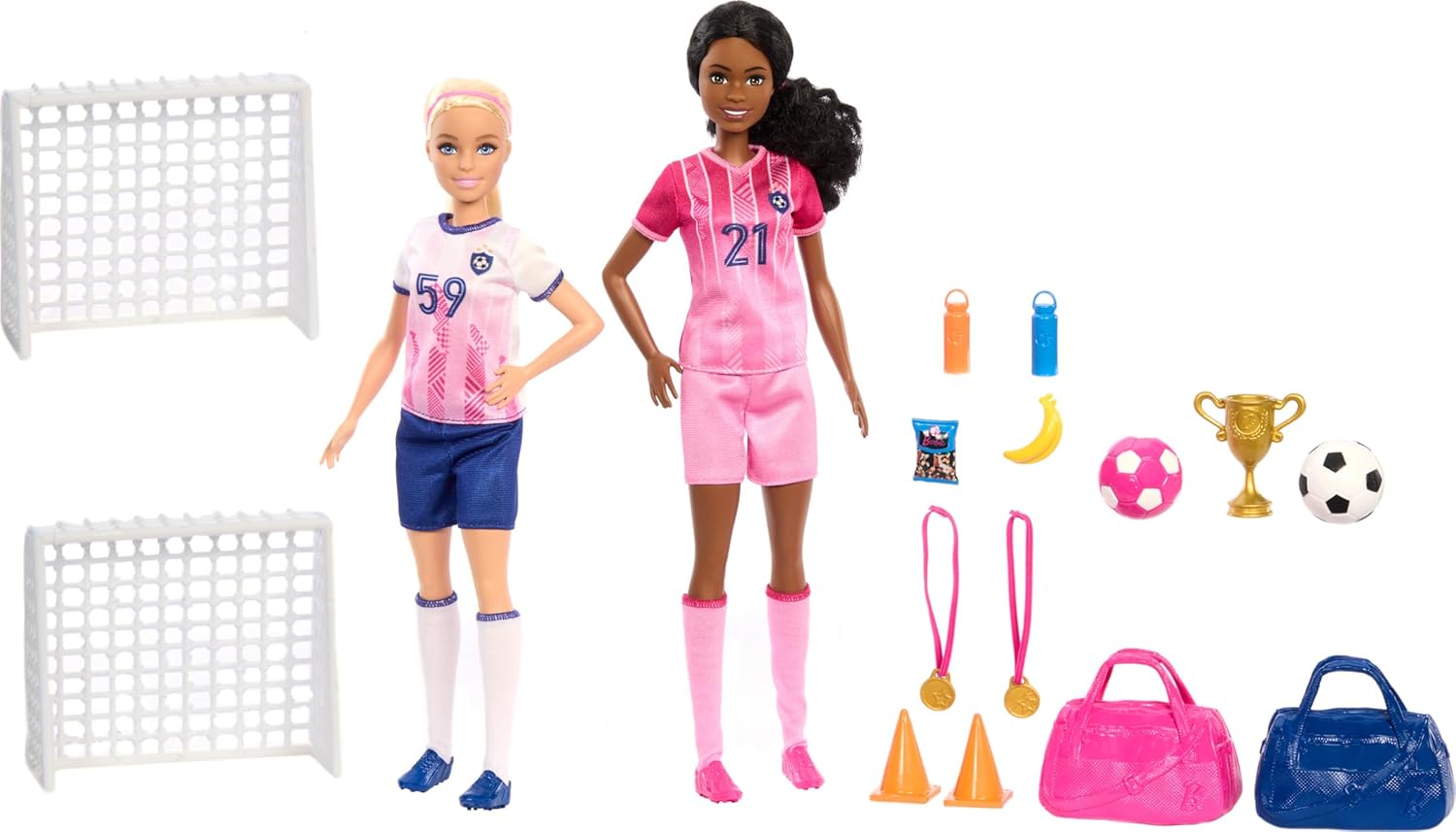 Barbie Careers Playset, Soccer Player Set with 2 Fashion Dolls & 15 Accessories Including Barbie Brooklyn”, Blonde Petite Player, 2 Nets & More-1