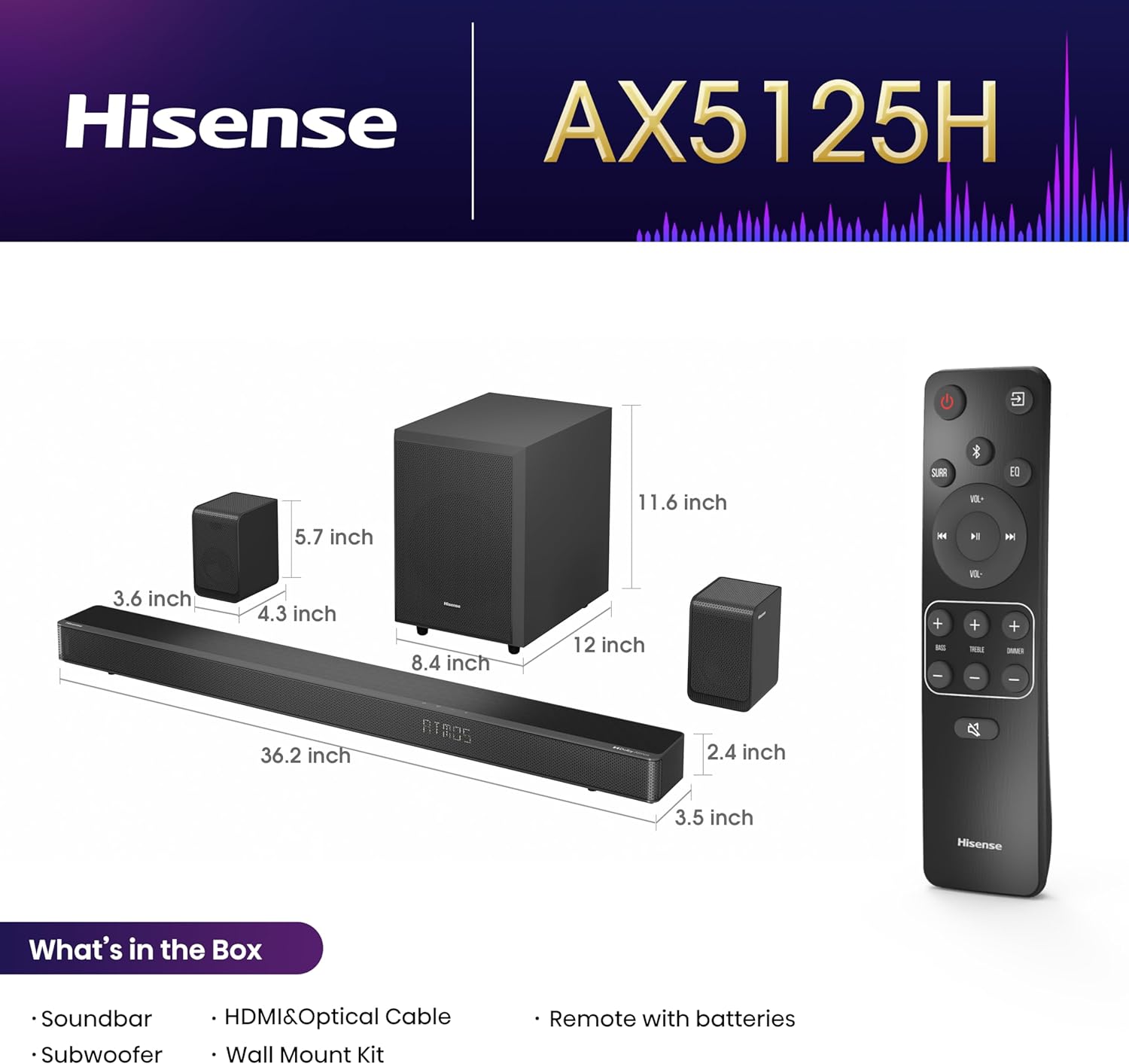 Hisense AX5125H 5.1.2Ch Sound Bar with Wireless Subwoofer, 500W, Dolby Atmos, Bluetooth 5.3, EzPlay, 4K HDMI Pass Through, Roku TV Ready, DTS:X, HDMI/AUX/ARC/Optical/USB, 7 EQ Modes-1