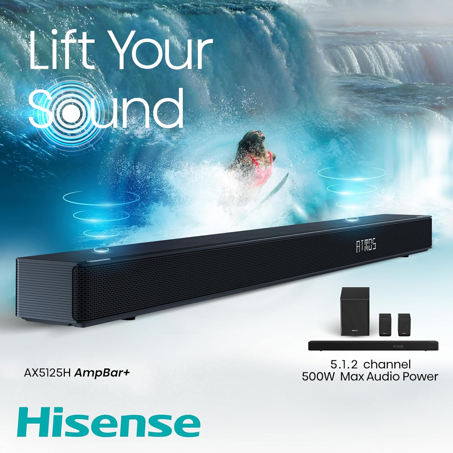 Hisense AX5125H 5.1.2Ch Sound Bar with Wireless Subwoofer, 500W, Dolby Atmos, Bluetooth 5.3, EzPlay, 4K HDMI Pass Through, Roku TV Ready, DTS:X, HDMI/AUX/ARC/Optical/USB, 7 EQ Modes-12