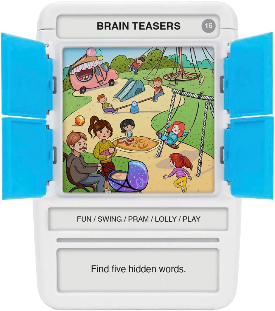 100 PICS Brain Teasers Travel Game - Solve 100 Puzzles | Flash Cards with Slide Reveal Case | Card Game, Gift, Stocking Stuffer | Hours of Fun for Kids and Adults | Age 6+-7