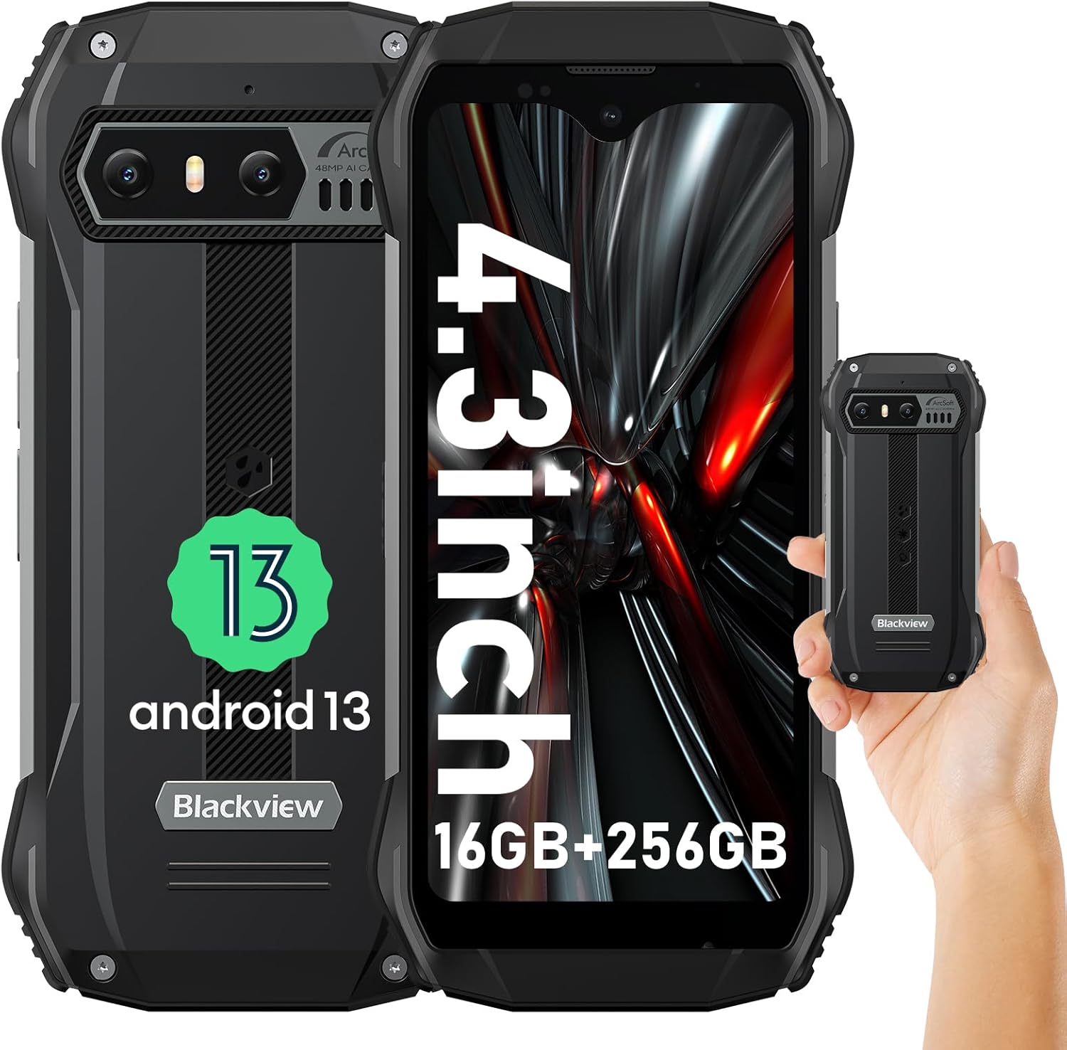 Blackview 4.3 inch Mini Mobile Phone, N6000 Rugged Phones Unlocked, 16GB+256GB, Dual SIM 4G, Android 13 Cell Phone, 208g Weight, 48MP Camera, IP68 Waterproof Phones, 18W Fast Charge 3880mAh, NFC-0