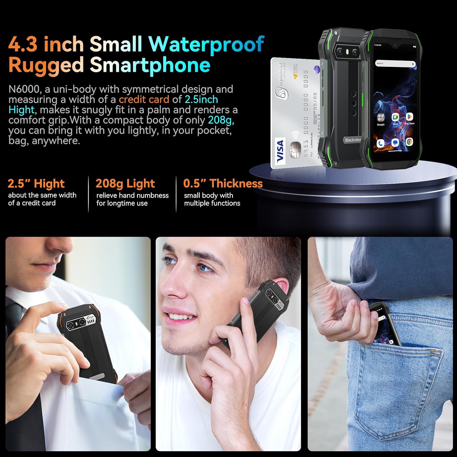 Blackview 4.3 inch Mini Mobile Phone, N6000 Rugged Phones Unlocked, 16GB+256GB, Dual SIM 4G, Android 13 Cell Phone, 208g Weight, 48MP Camera, IP68 Waterproof Phones, 18W Fast Charge 3880mAh, NFC-4