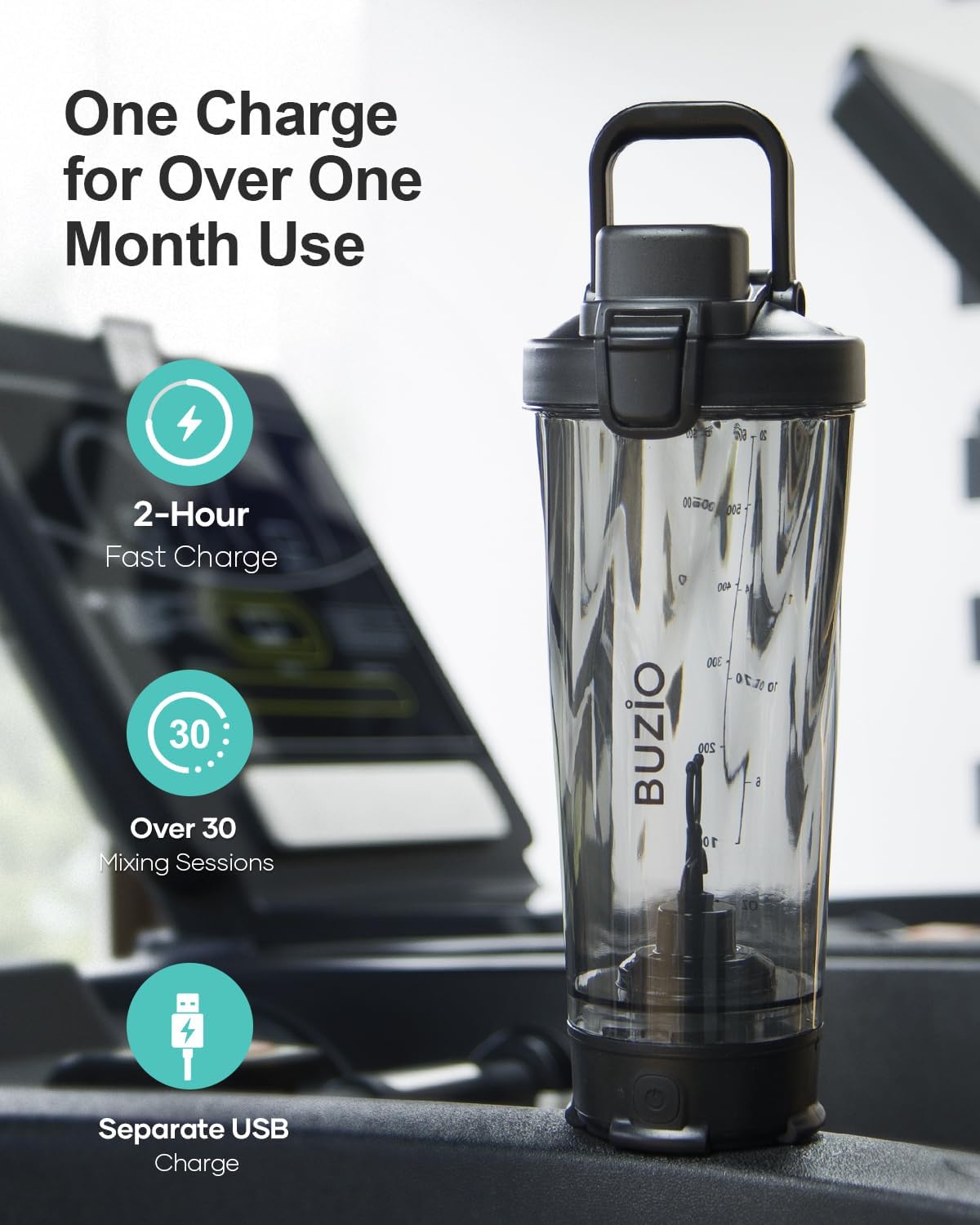 BUZIO Electric Protein Shaker Bottle, 24 oz Shake Blender Bottle, USB Rechargeable Blender Bottles for Protein Mixes Shaker Cups, Portable Large Sports Water Bottles Made with Tritan, Black-2