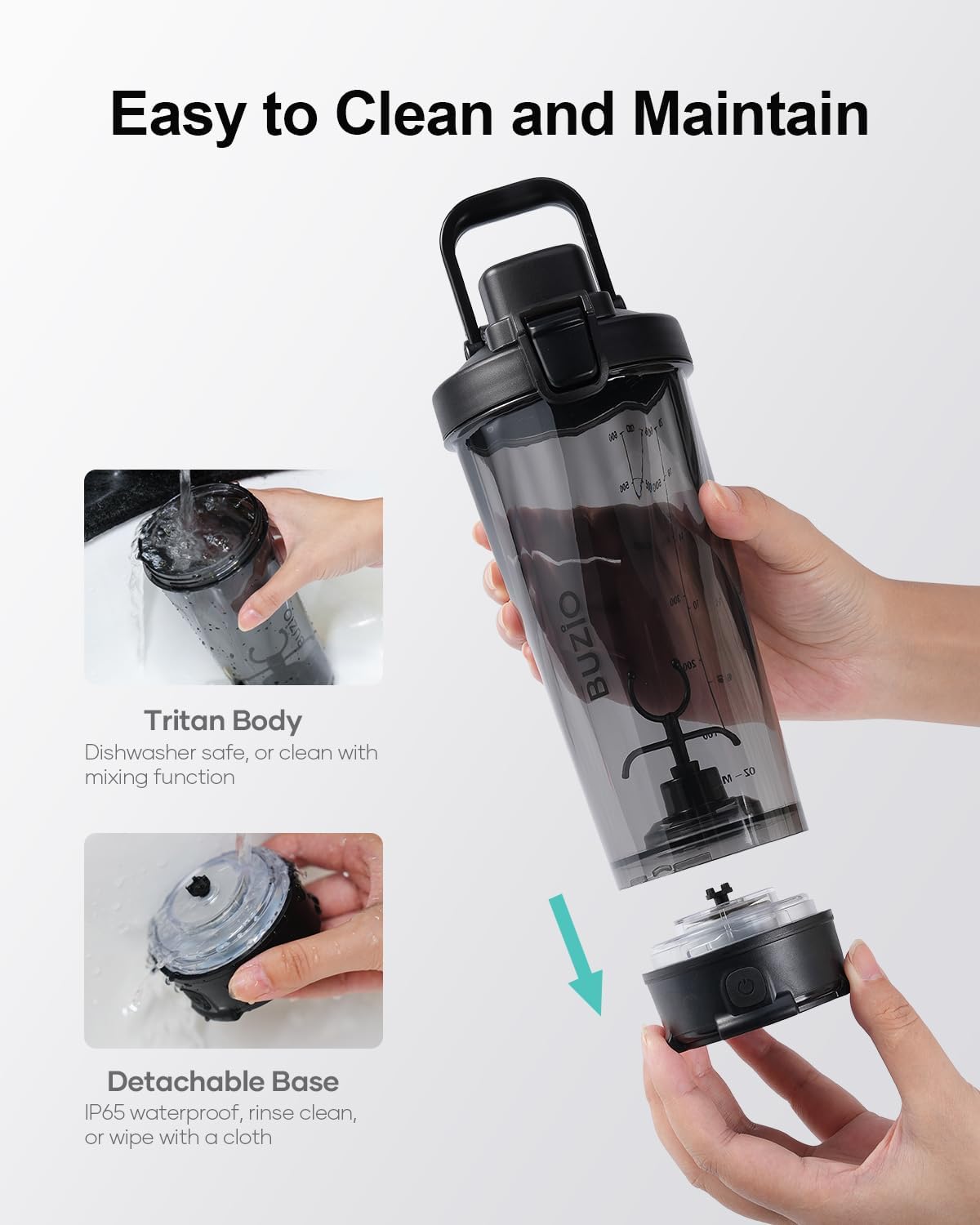 BUZIO Electric Protein Shaker Bottle, 24 oz Shake Blender Bottle, USB Rechargeable Blender Bottles for Protein Mixes Shaker Cups, Portable Large Sports Water Bottles Made with Tritan, Black-4